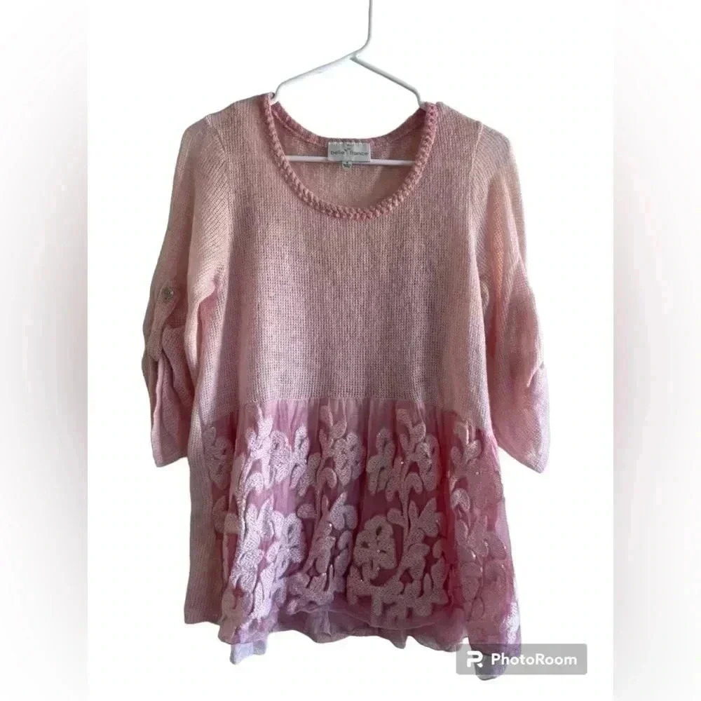 Belle France mohair blend feminine sequined sweater in soft pink. Made in Italy